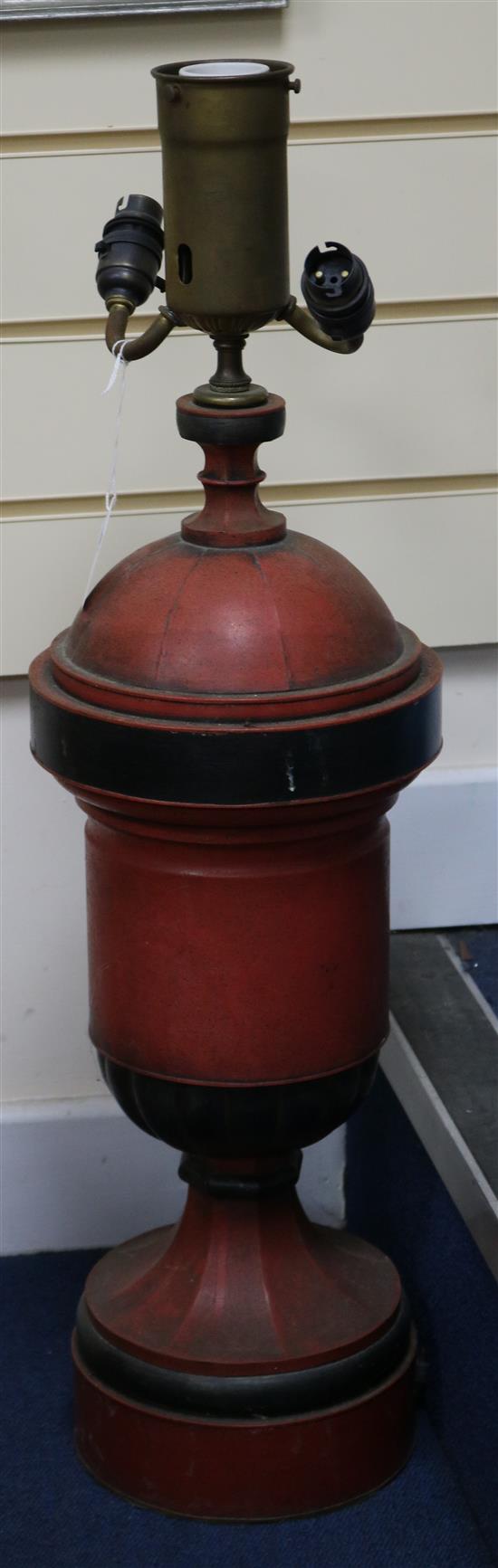 A red tole lamp overall height 73cm